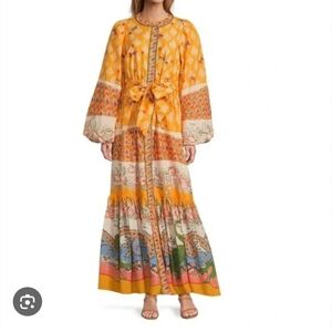 A Loves A Border Print Mandarin Collar Waist Tie Button Front Dress